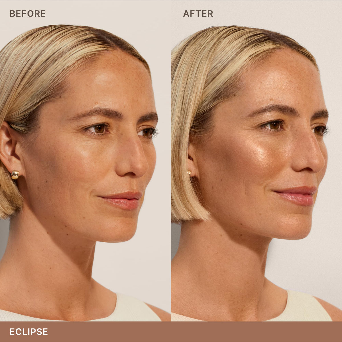 ILIA model applying bronzer to cheekbone for lifted dimension benefit