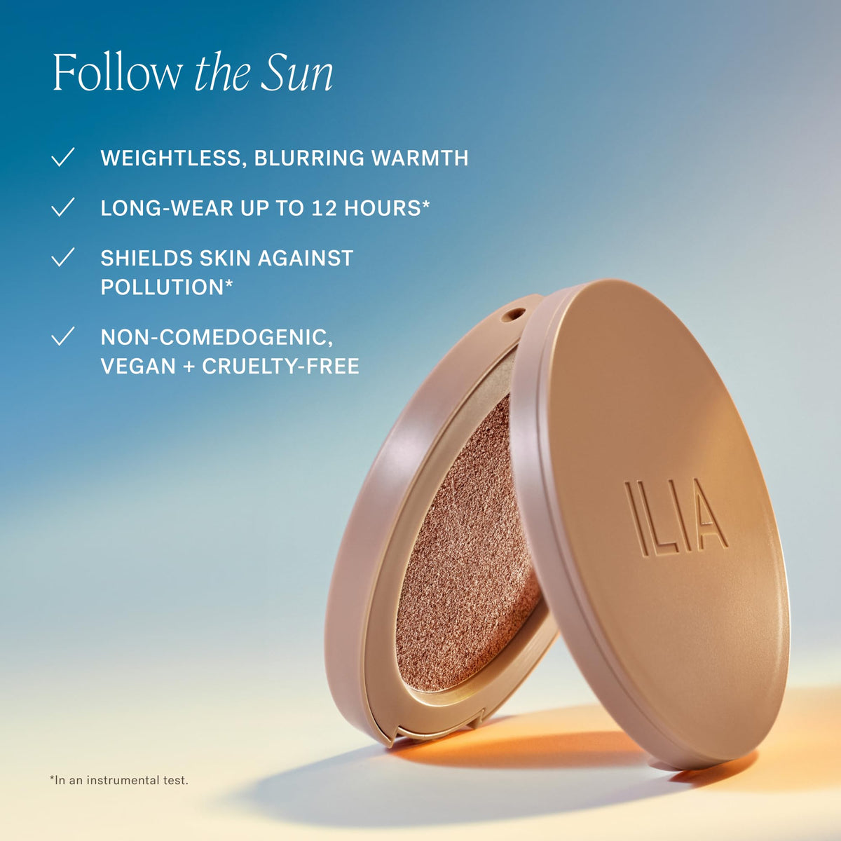 ILIA swatch on arm showing warm golden bronze payoff and buildability benefit