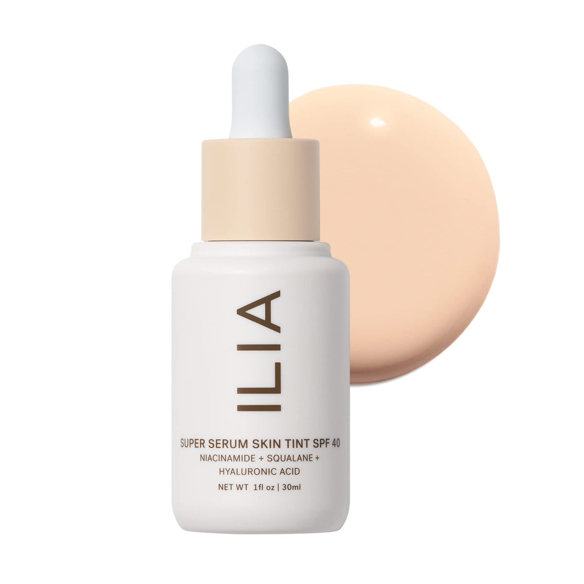ILIA front packaging of Super Serum Skin Tint showing compact bottle and label, clear product identity