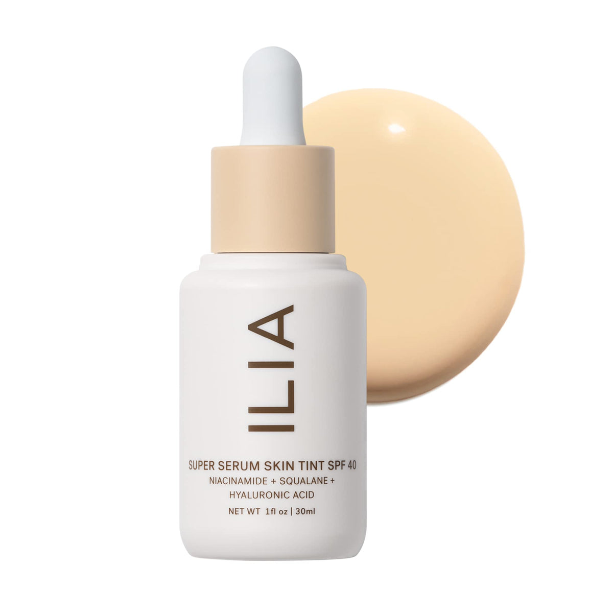 ILIA front packaging of Super Serum Skin Tint showing shade Tulum ST2 and benefits