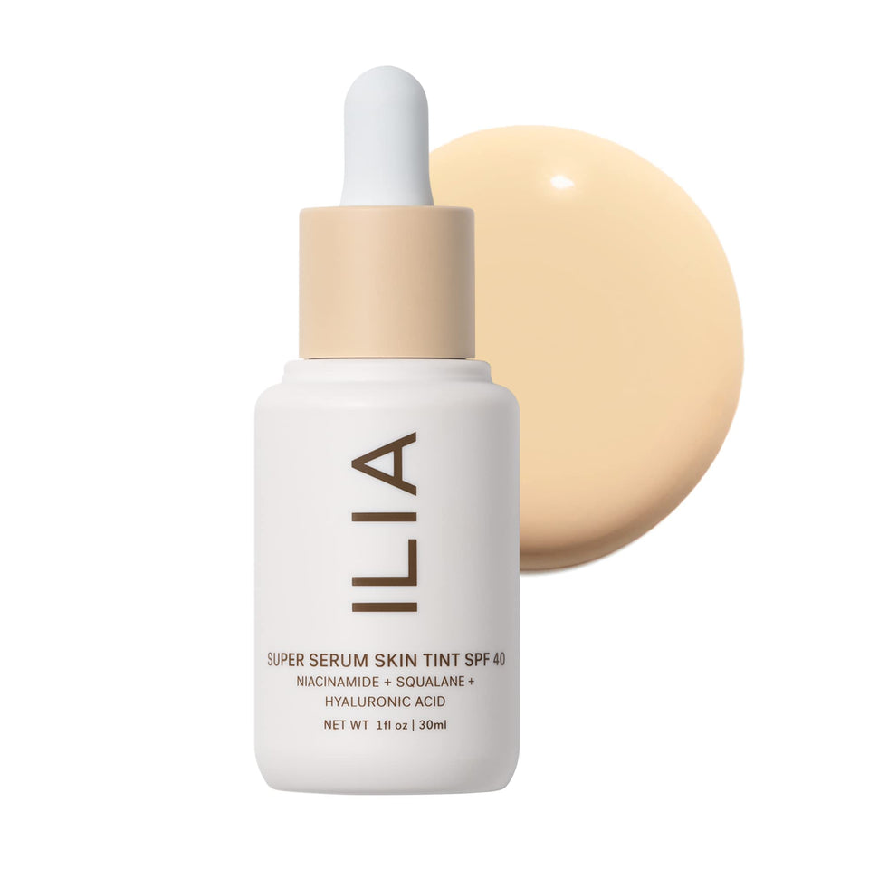 ILIA front packaging of Super Serum Skin Tint showing shade Tulum ST2 and benefits