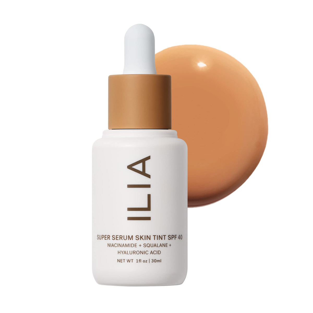 ILIA front bottle of Super Serum Skin Tint showing shade Ramla Bay with hydrating effect