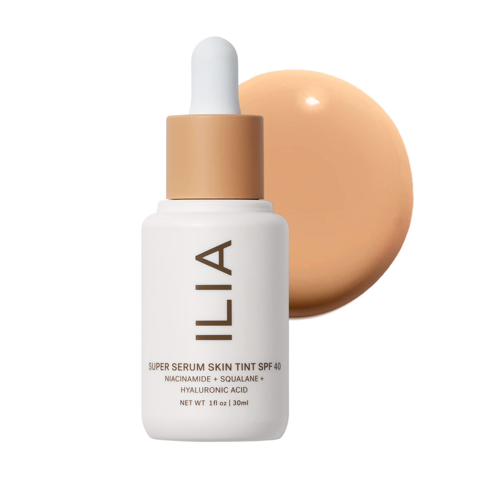 ILIA front bottle of Super Serum Skin Tint Paloma ST9 showing clean packaging and SPF benefit