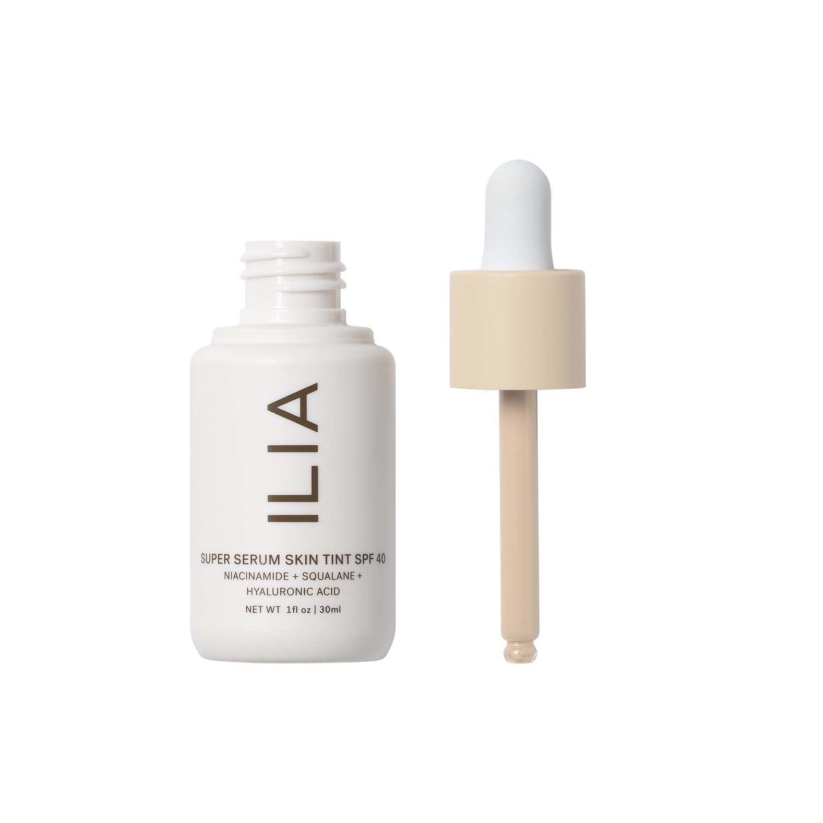ILIA close-up of dispensed skin tint texture highlighting dewy, lightweight formula and blendability