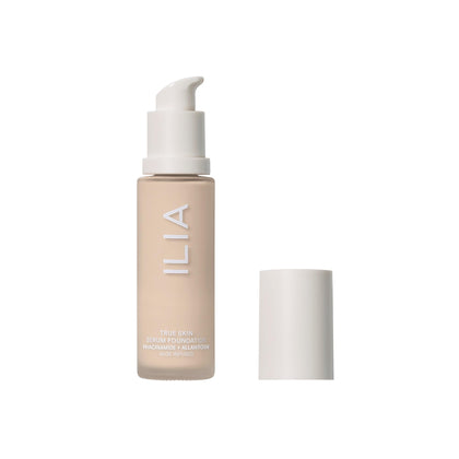 ILIA front packaging glass bottle showcasing shade and pump for clean application