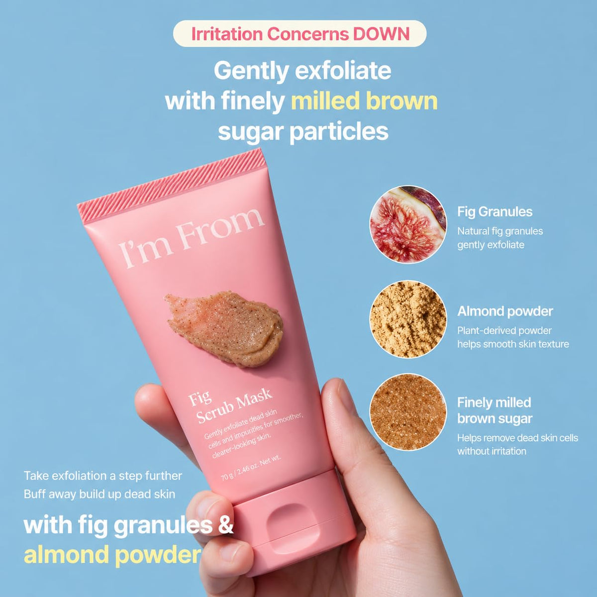 I'm from close-up of mask texture highlighting soft brown sugar particles