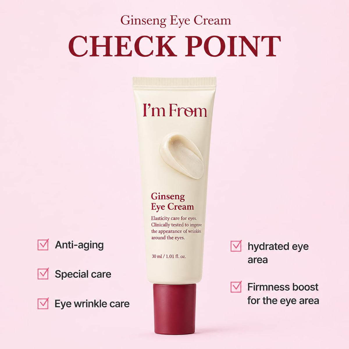 I’m From cream on fingertip being applied to eye area for targeted care