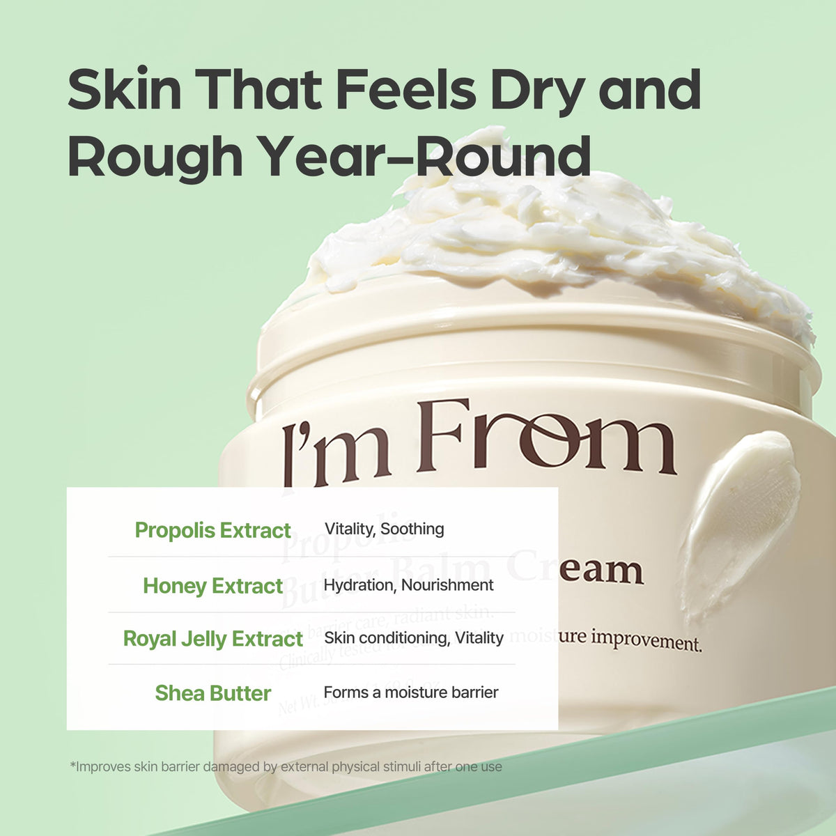 I’m From product being applied to cheek demonstrating soothing moisture benefit