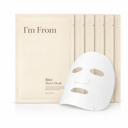 I'm from rice sheet mask front packaging showing five sheets and benefits
