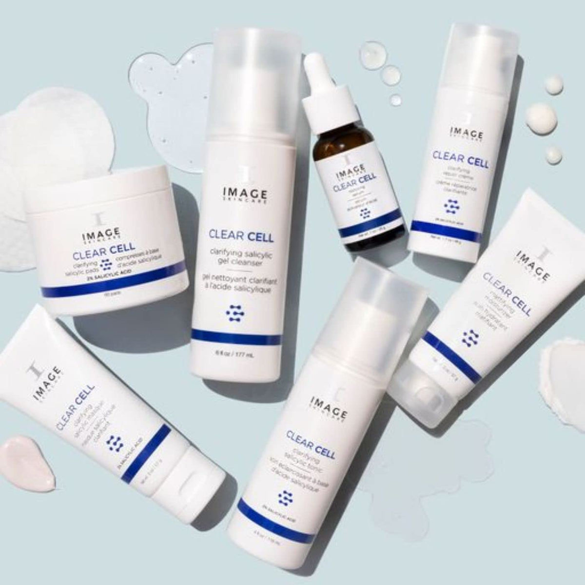 IMAGE Skincare clear cell lifestyle bathroom shelf staged to suggest daily use and shelf presence