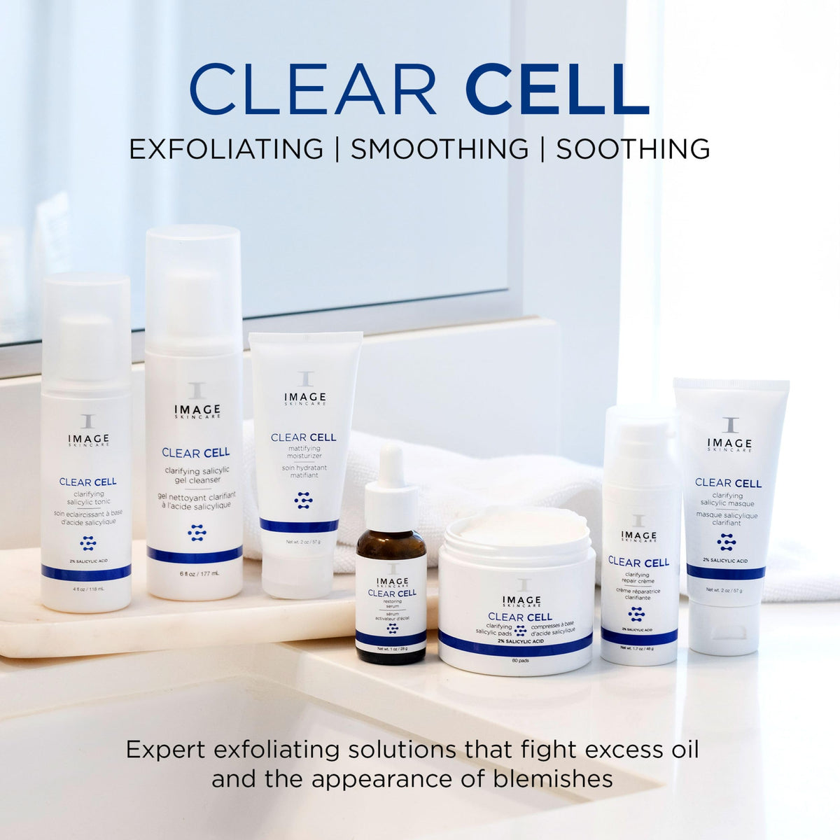 IMAGE Skincare CLEAR CELL on a bathroom shelf in a clean routine setting for refreshed skin