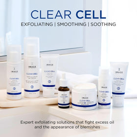 IMAGE Skincare CLEAR CELL on a bathroom shelf in a clean routine setting for refreshed skin