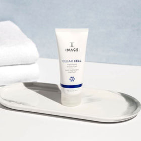 IMAGE Skincare CLEAR CELL on a bathroom vanity suggesting daily routine convenience