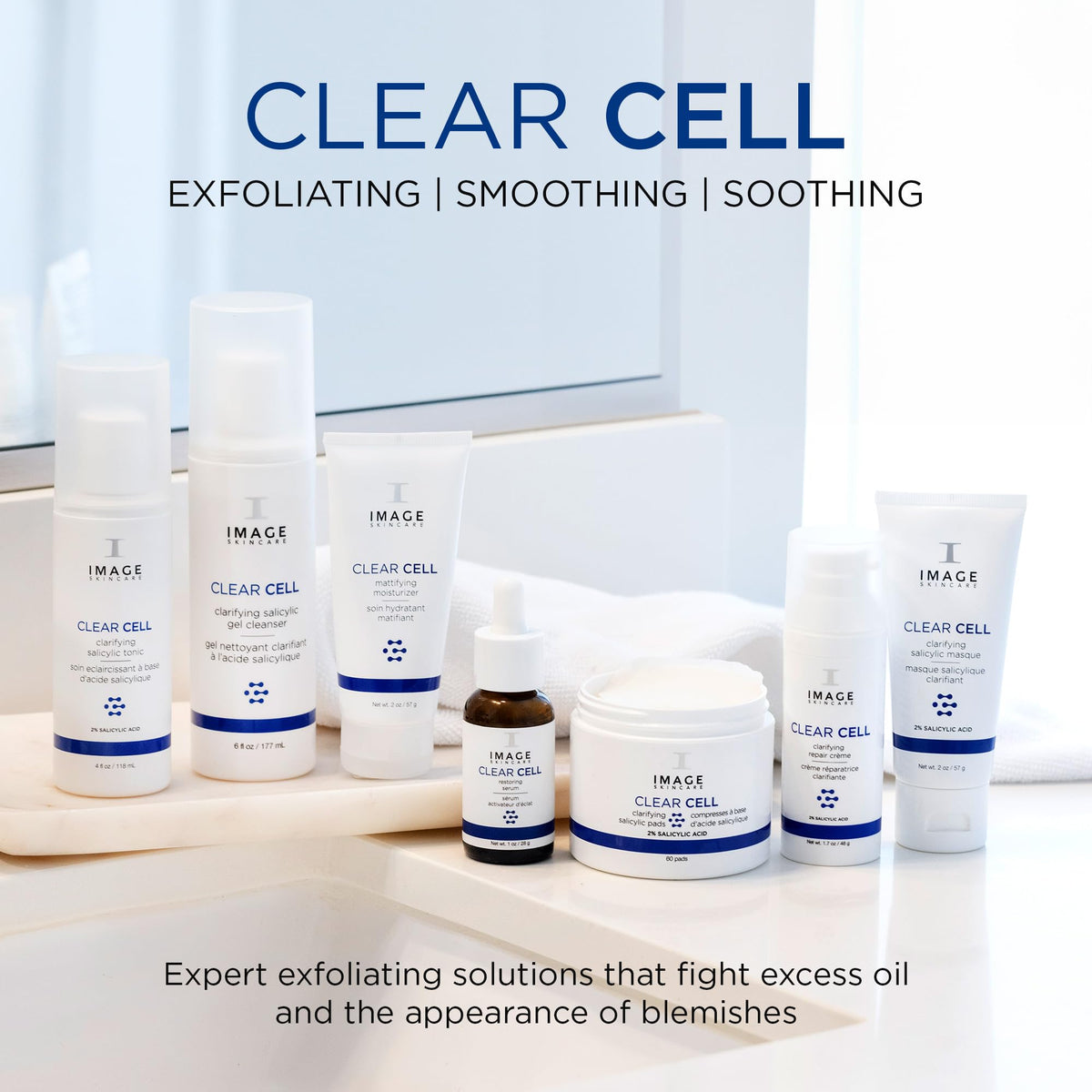 IMAGE Skincare in a travel pouch styled on a vanity for convenient on-the-go use