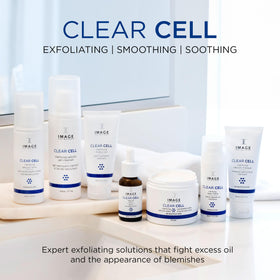 IMAGE Skincare in a travel pouch styled on a vanity for convenient on-the-go use