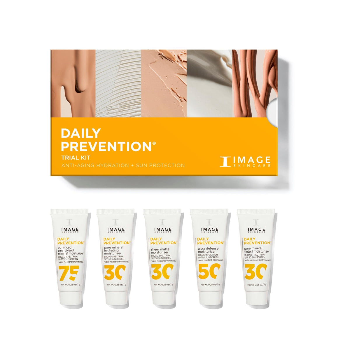 IMAGE Skincare discovery kit front packaging showing five SPF tubes and convenience