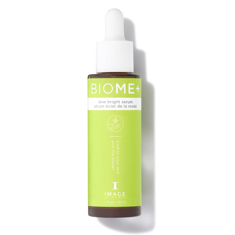 IMAGE Skincare front bottle view showing dewy serum and recyclable glass benefit visible storage