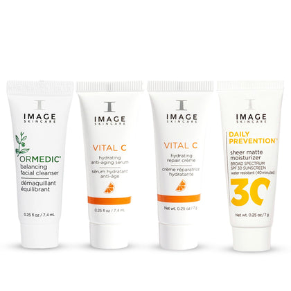 IMAGE Skincare front packaging showing the four travel-size regimen and benefits