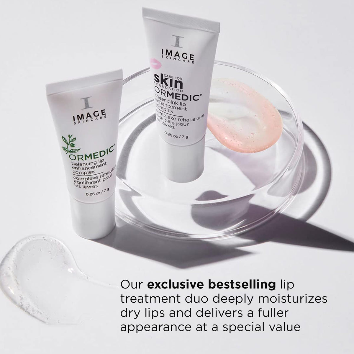 IMAGE Skincare clear tube swatch on lips showing non-sticky shine and moisturizing effect