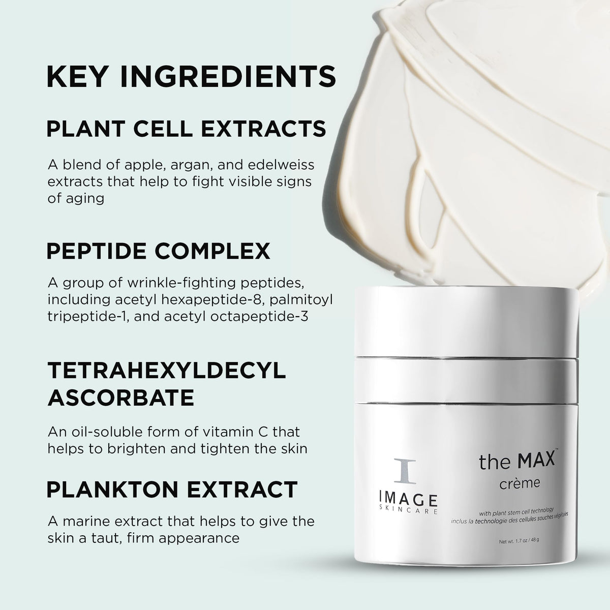 IMAGE Skincare MAX Crème applied on hand illustrating absorbent finish and moisturizing benefit