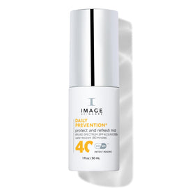 IMAGE Skincare front packaging showing travel-size SPF 40 mist and readable label for convenience