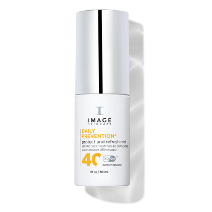 IMAGE Skincare front packaging showing travel-size SPF 40 mist and readable label for convenience