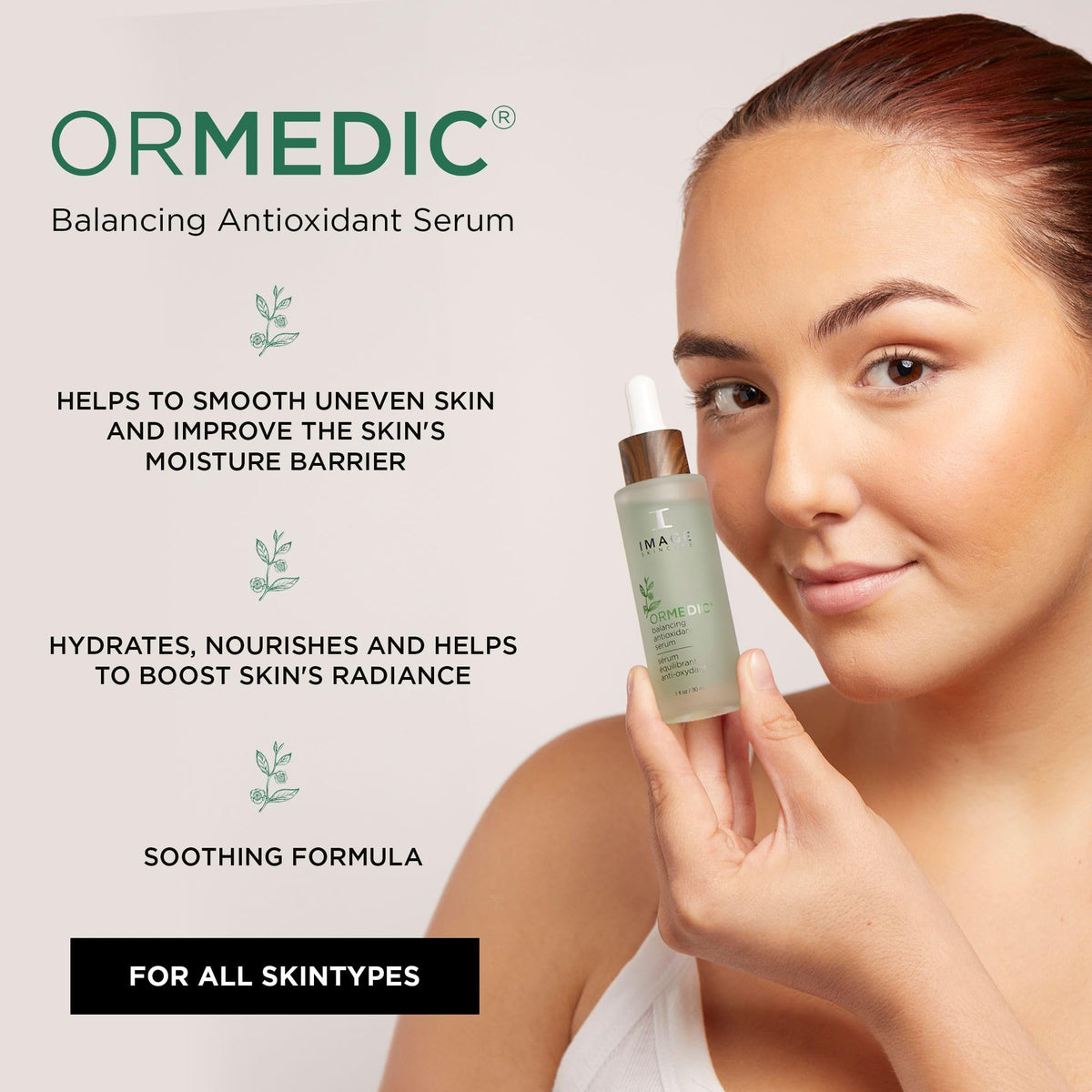 IMAGE Skincare ORMEDIC serum dropper dispensing lightweight texture, shows quick absorption benefit