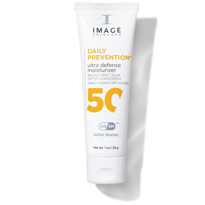 IMAGE Skincare front packaging showing SPF 50 travel tube and branding benefits
