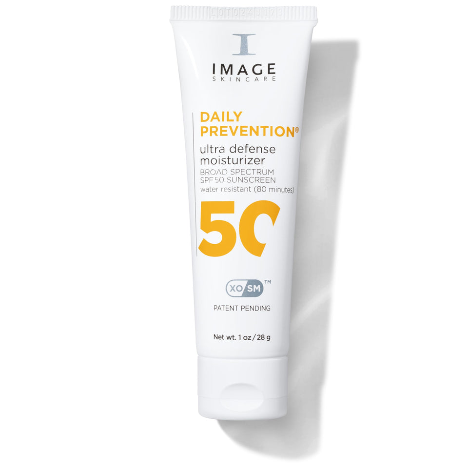 IMAGE Skincare front packaging showing SPF 50 travel tube and branding benefits