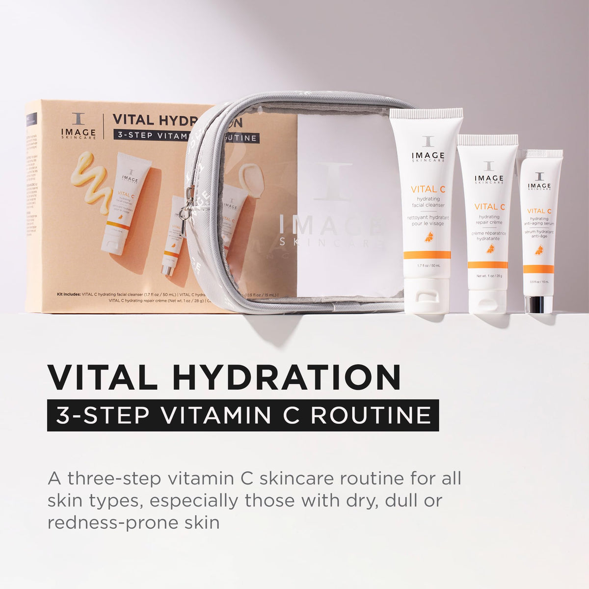 IMAGE Skincare clear travel bag with vital c set visible and organized
