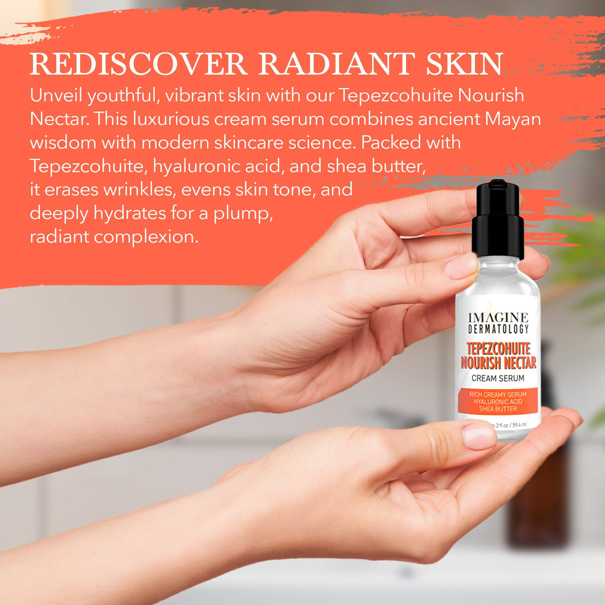 Imagine Dermatology product next to coin showing 2 fl oz size for travel convenience