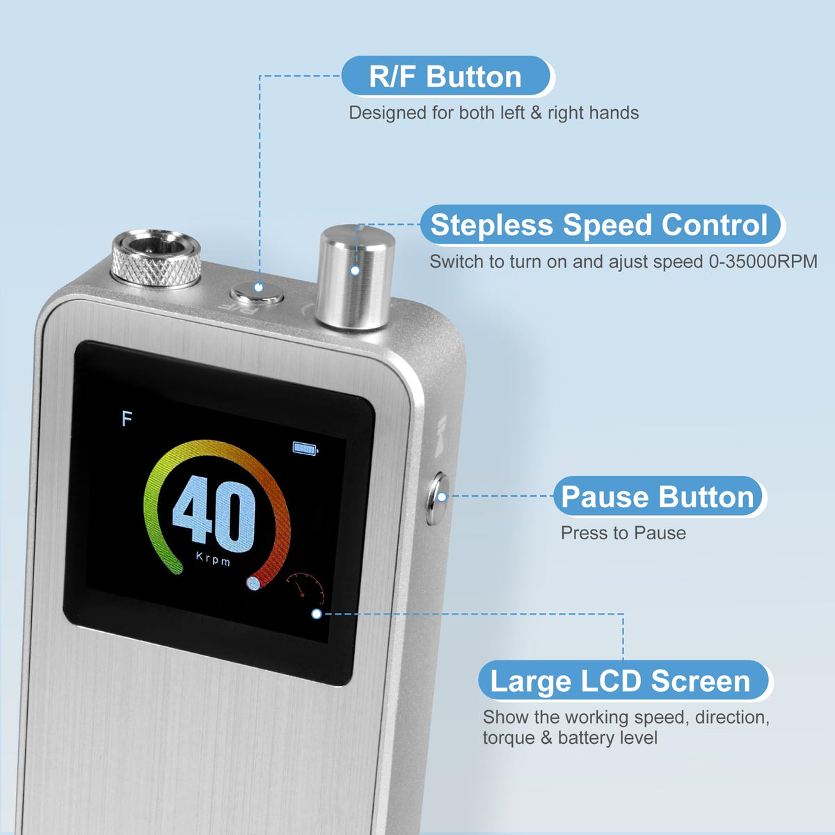 IMENE handpiece cordless action removing acrylic to show powerful reliable torque