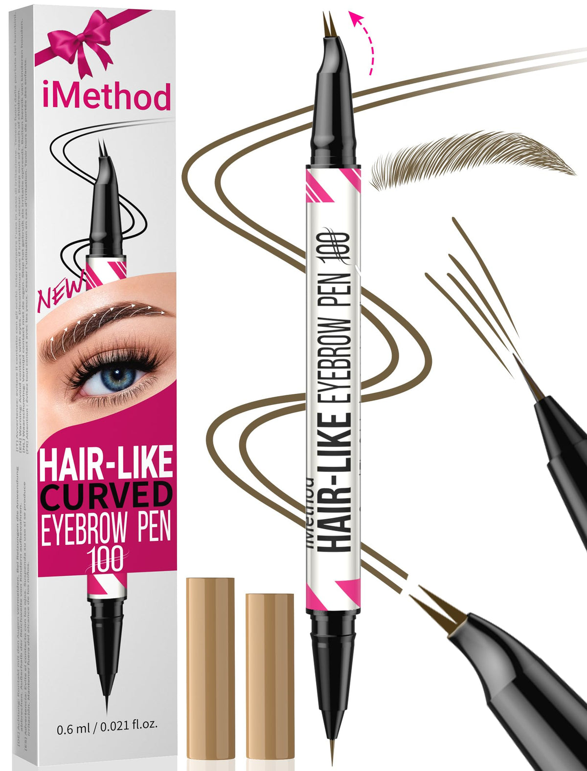 iMethod eyebrow pen front packaging showing Brown shade and dual-ended design benefits