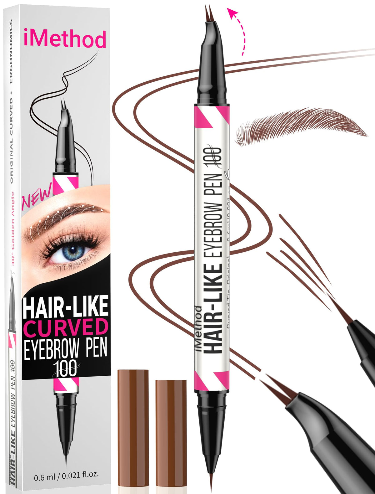 iMethod curved eyebrow pen front view showing dual-ended design and portability benefit