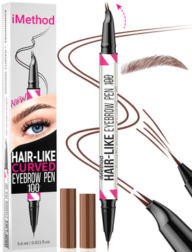 iMethod curved eyebrow pen front view showing dual-ended design and portability benefit