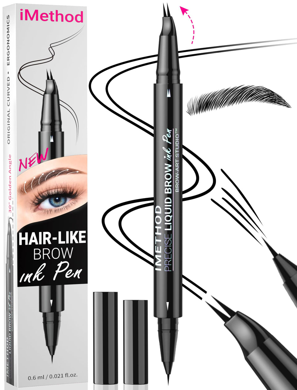 iMethod curved eyebrow pen front view showing sleek dual-ended design and portability