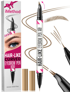 iMethod curved pen front view shows packaging and dual‑ended design for precise brows