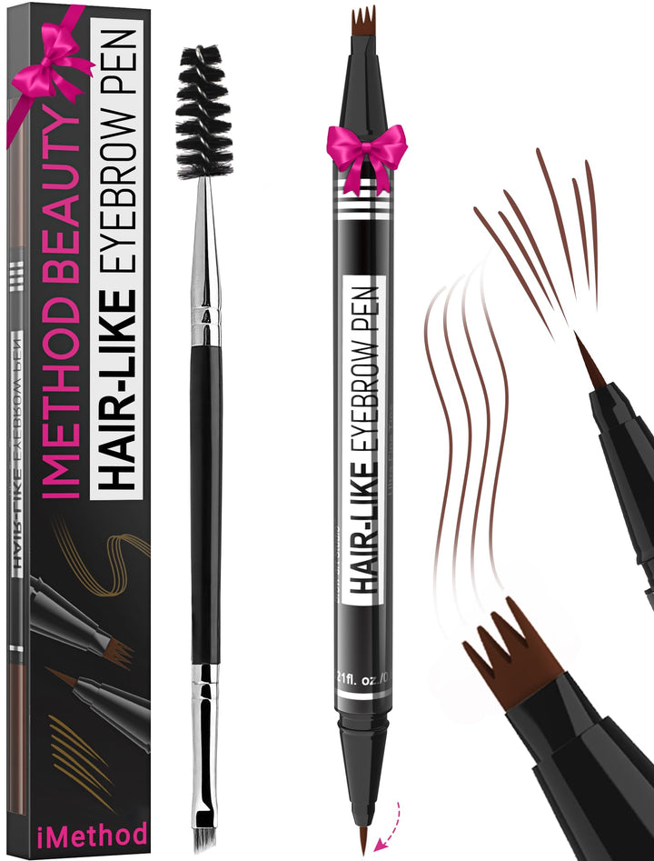 iMethod eyebrow pen front view showing dual-ended design and benefit of precise shaping