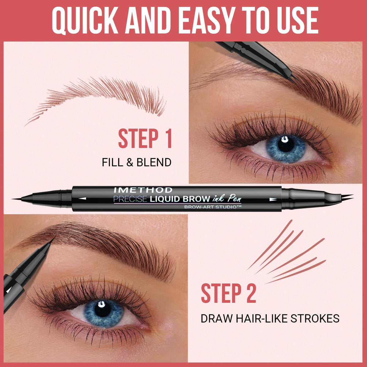 iMethod pen in use drawing individual hairlike strokes for fuller, natural-looking brows
