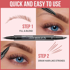 iMethod pen in use drawing individual hairlike strokes for fuller, natural-looking brows