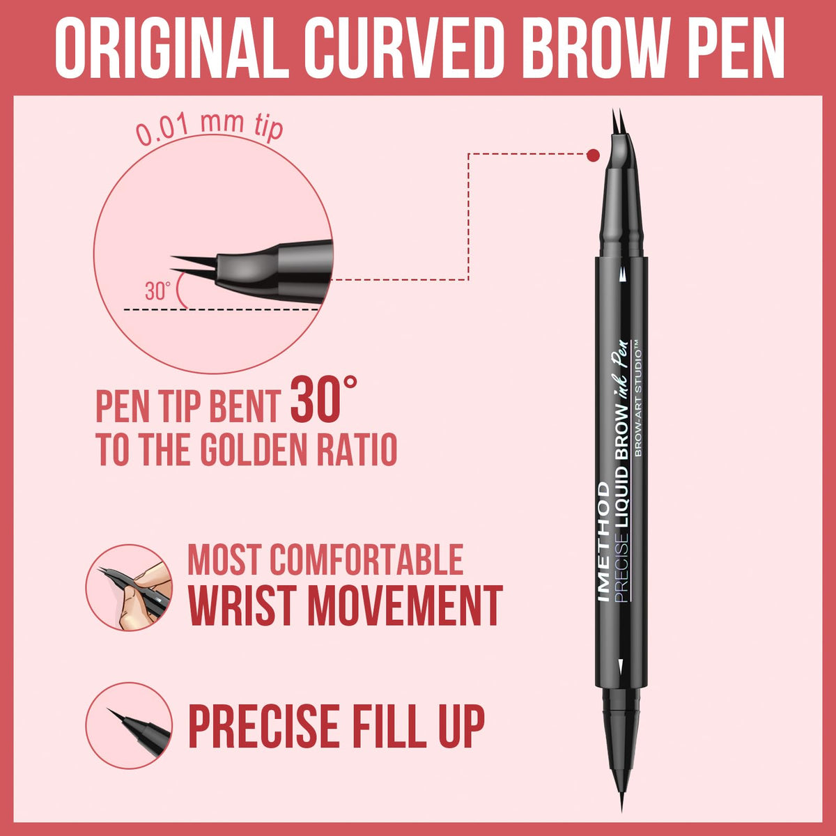 iMethod pen in use creating hair-like strokes for defined, realistic brows