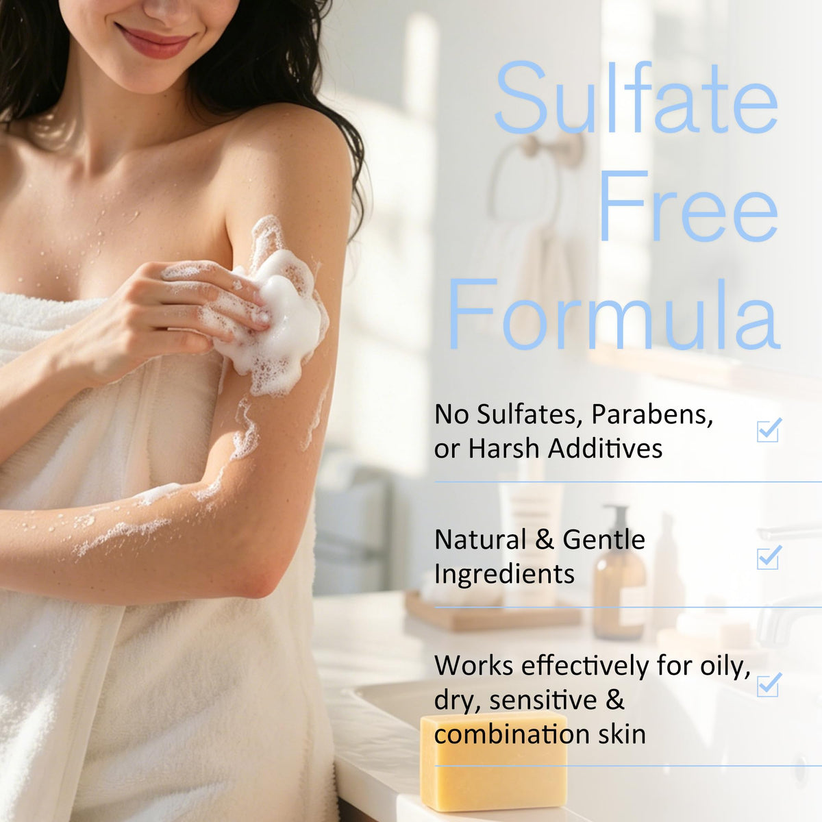 Imovoto applying soap to back with sponge for hard-to-reach cleansing