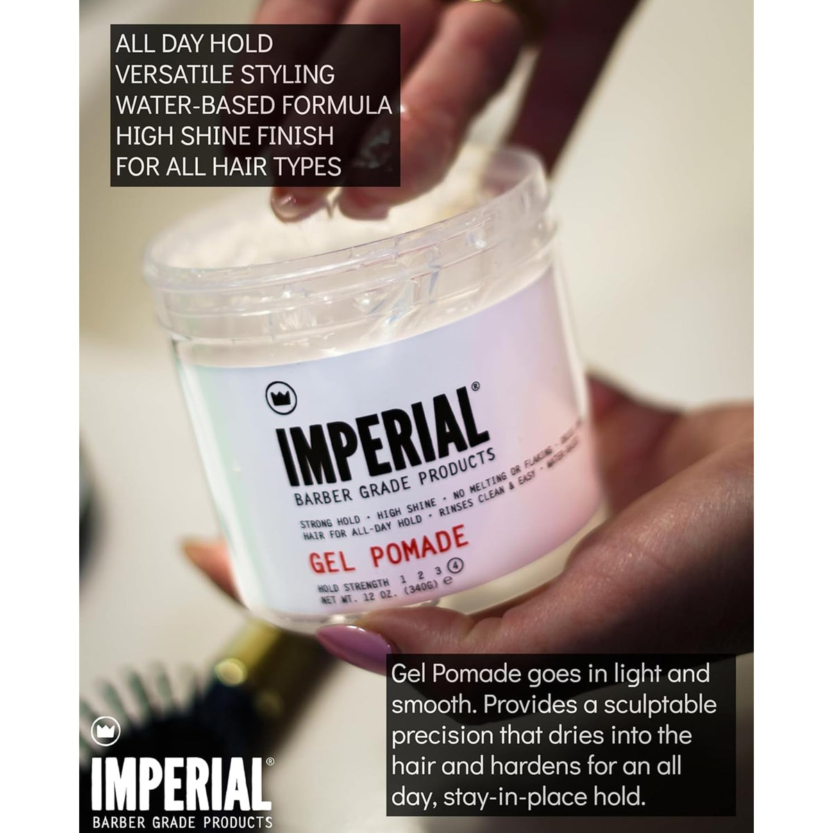 Imperial Barber Grade pomade applied into hair demonstrating sculptable control