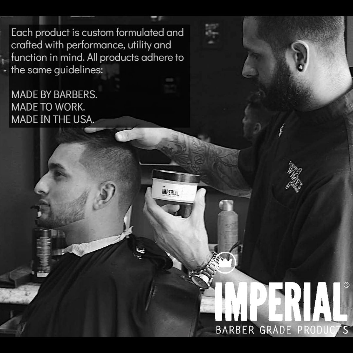 Imperial Barber Grade label detail emphasizing water-based formula and ingredients