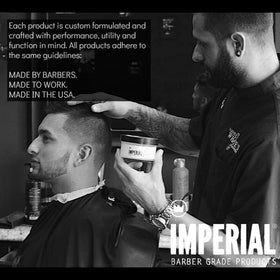 Imperial Barber Grade label detail emphasizing water-based formula and ingredients