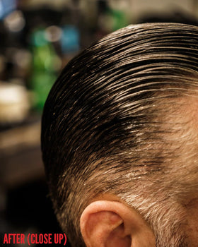 Imperial Barber Grade Products on a barber station displaying professional use benefits