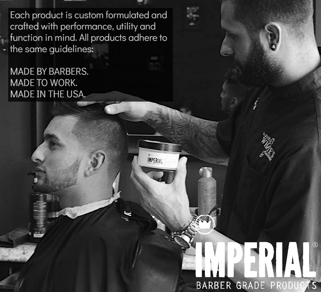 Imperial Barber Grade Products used to style a low-shine pompadour for long wear