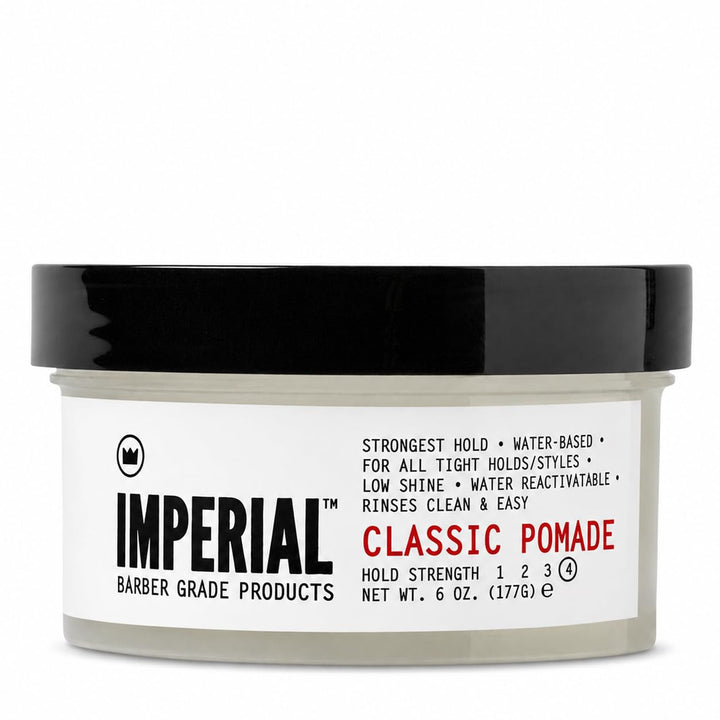 Imperial Barber Grade Products front jar view showing sturdy packaging and strong-hold promise