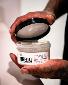 Imperial Barber Grade Products applied to styled hair side profile showing low-shine finish