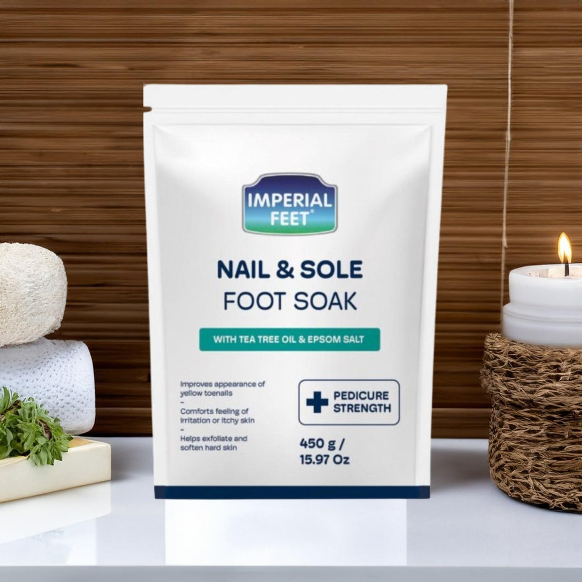 Imperial Feet pedicure tools beside soak showing complete foot care